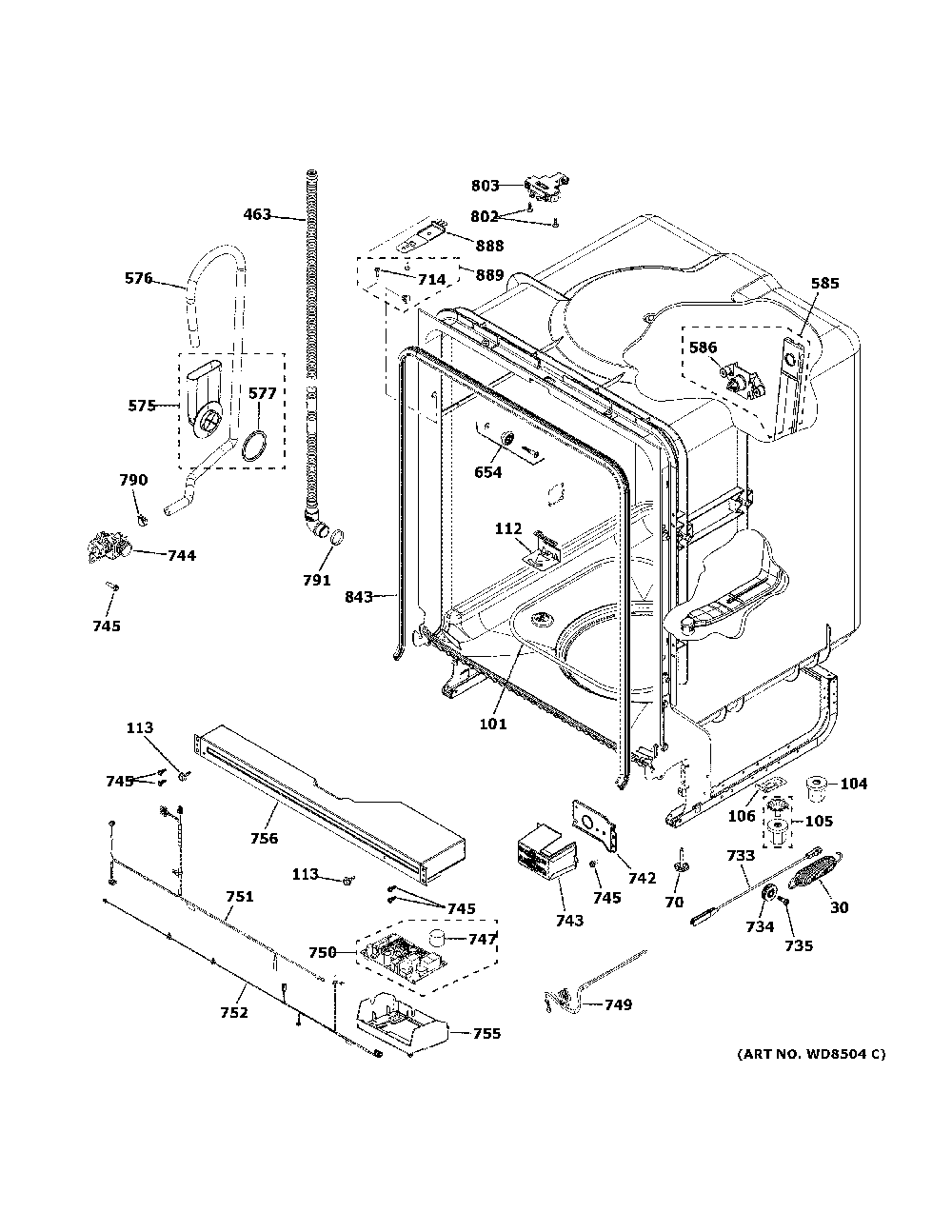 Body parts Diagram and Parts List for GDF510PGM5BB  General Electric Dishwasher
