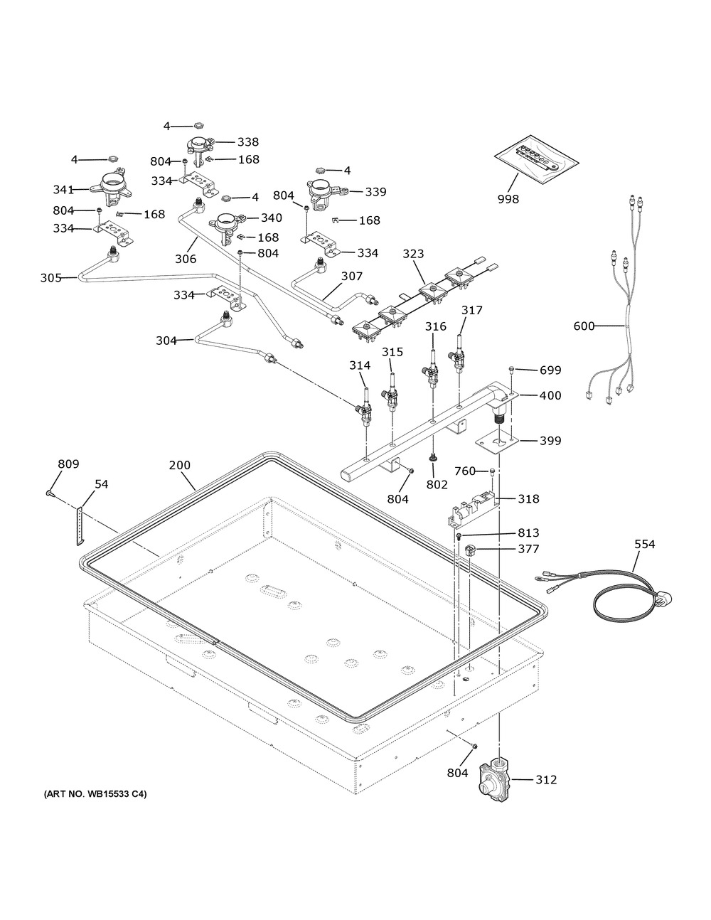 Gas And Burner Parts Diagram and Parts List for PGP6030ST2SS  General Electric Range