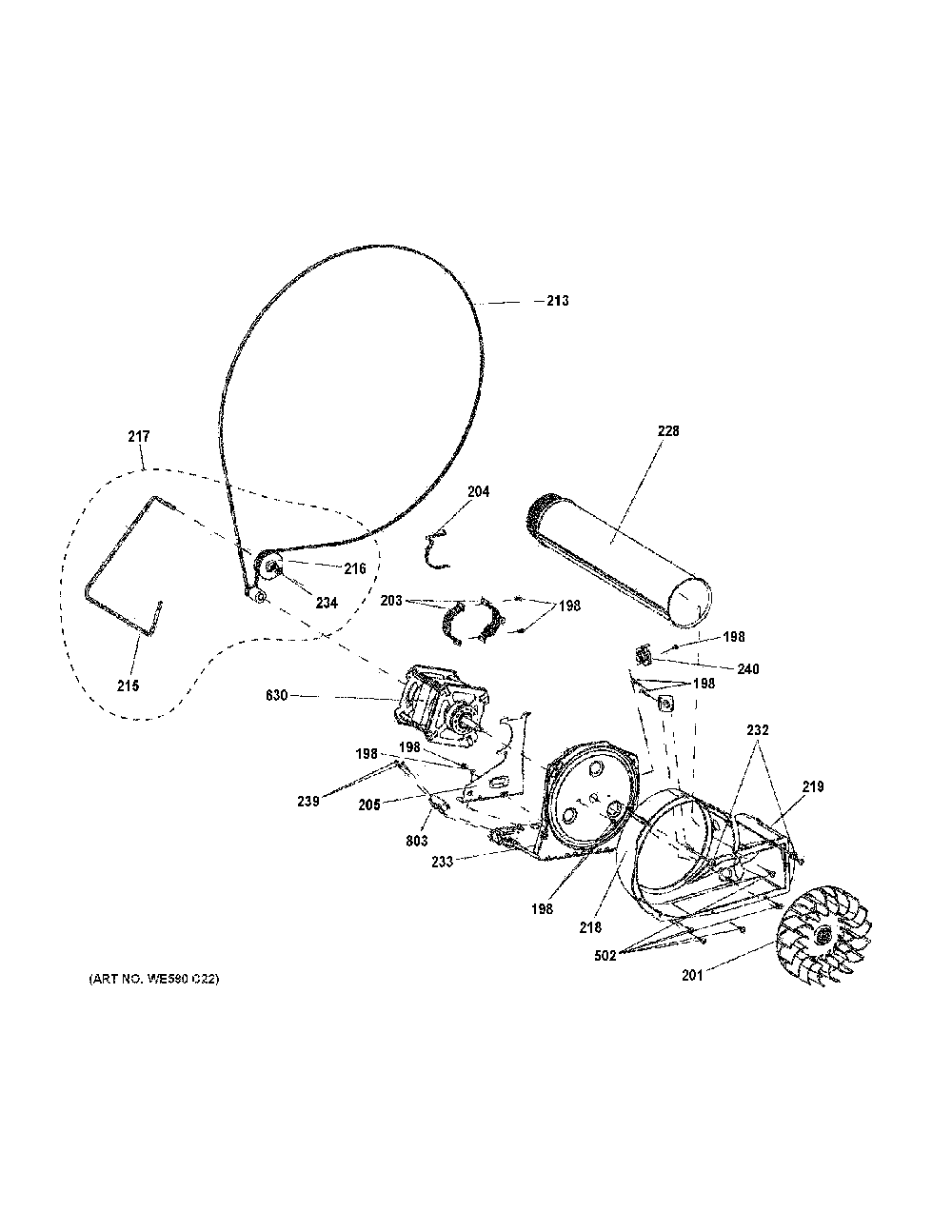 Blower And Motor Diagram and Parts List for GFD40ESCM1WW  General Electric Dryer