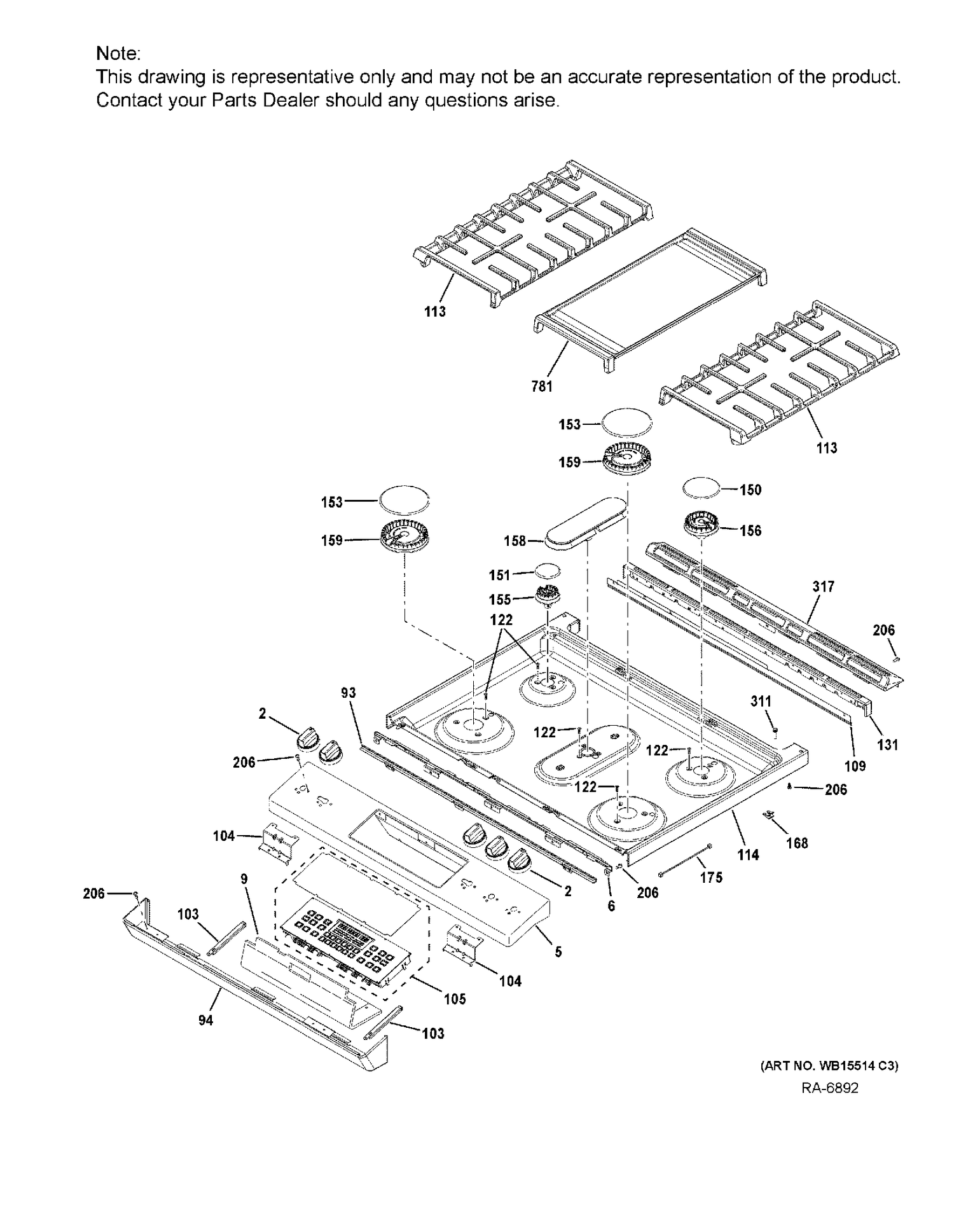CONTROL PANEL & COOKTOP Diagram and Parts List for JCGS760BEL1TS  General Electric Range