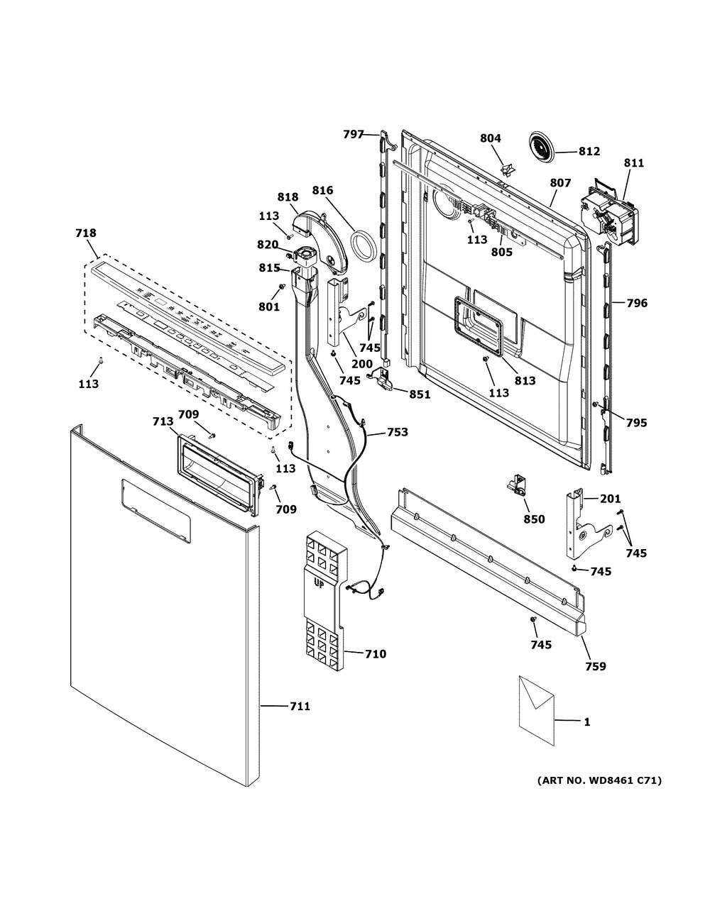 Escutcheon & Door Assembly Diagram and Parts List for QDP555SBN0TS  General Electric Dishwasher