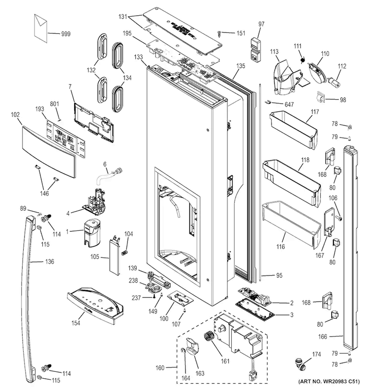 Dispenser Door Diagram and Parts List for PFE28PMKBES  General Electric Refrigerator