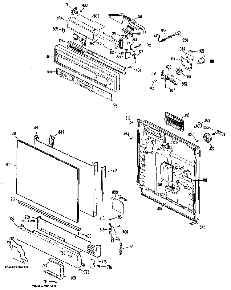 Control Panel And Door Diagram and Parts List for 3000B10  General Electric Dishwasher