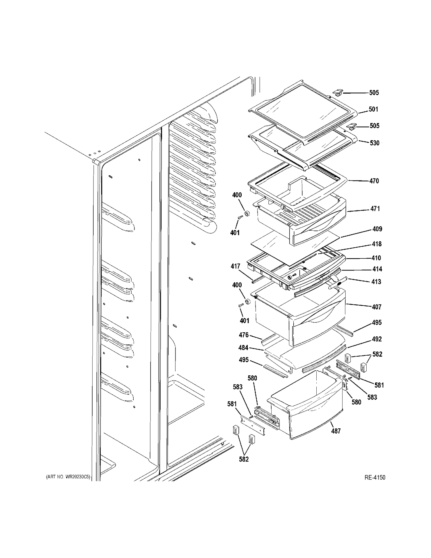 FF SHELVES Diagram and Parts List for PZS23KSEEFSS  General Electric Refrigerator