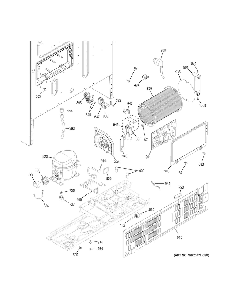 Machine Compartment Diagram and Parts List for GFE28HMKBES  General Electric Refrigerator