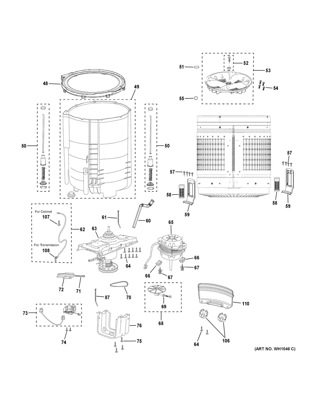 Tub & Motor Diagram and Parts List for GNW128SSM0WW  General Electric Dishwasher