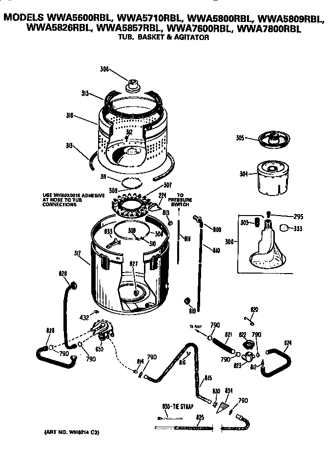 Tub, Basket And Agitator Diagram and Parts List for WWA5600RBLWW  General Electric Washer