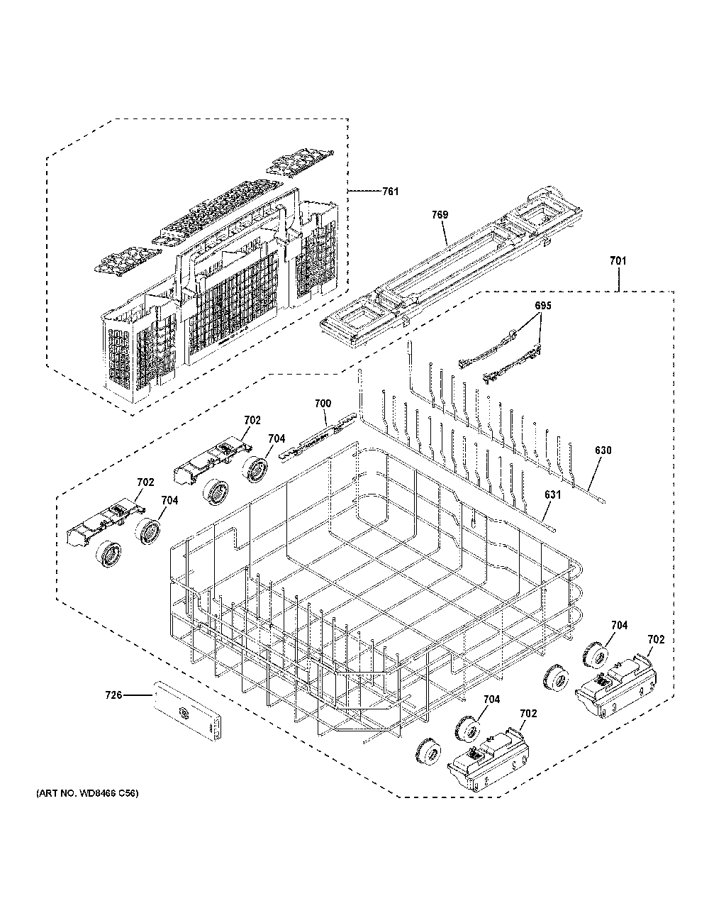 Lower Rack Assembly Diagram and Parts List for PDP755SYR8FS  General Electric Dishwasher