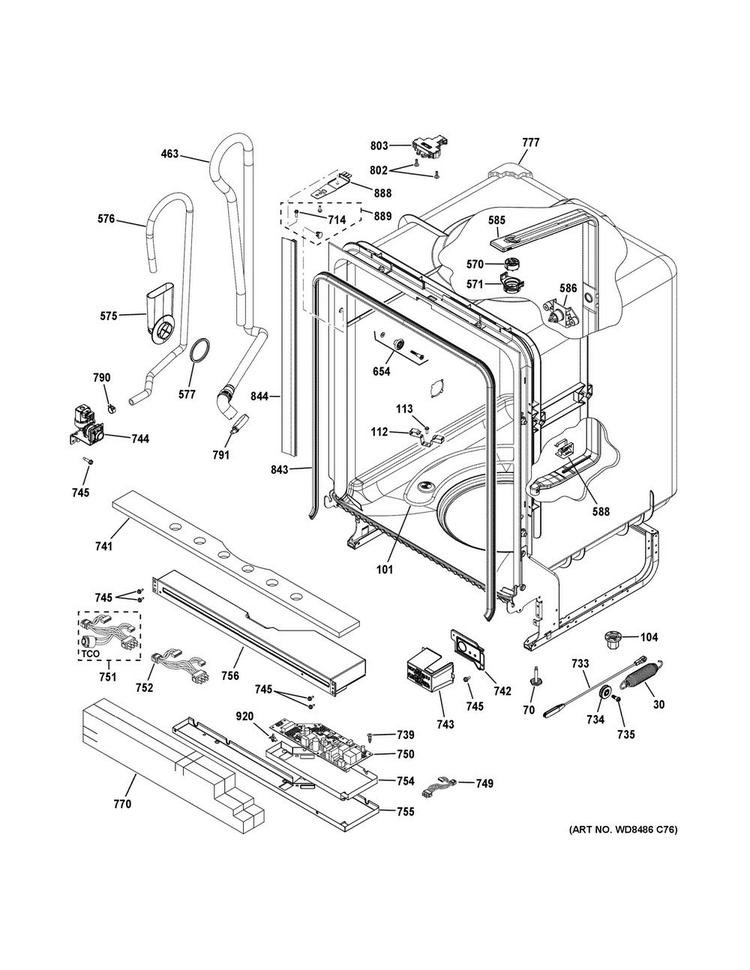 Body Parts Diagram and Parts List for GDF610PGJ0WW  General Electric Dishwasher
