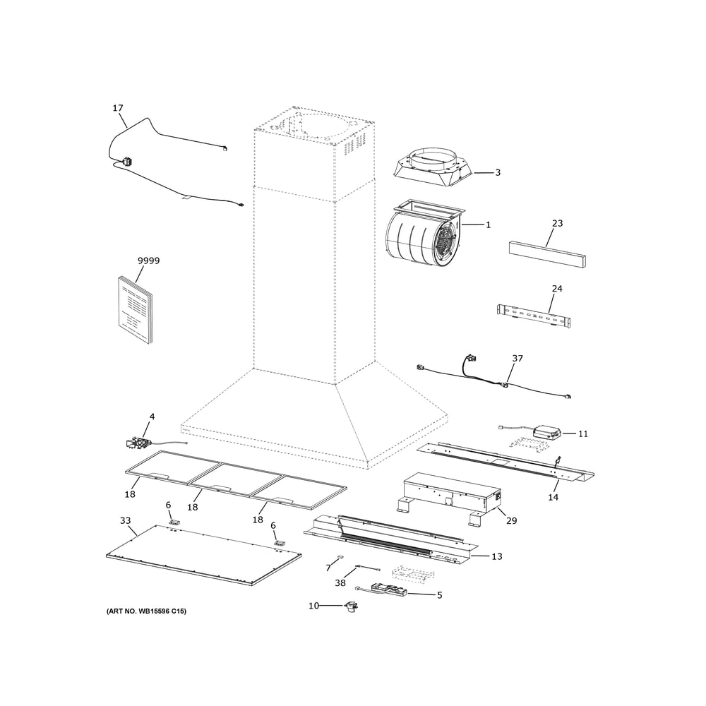 Range Hood Diagram and Parts List for ZVIS481SR1SS  General Electric Range Hood