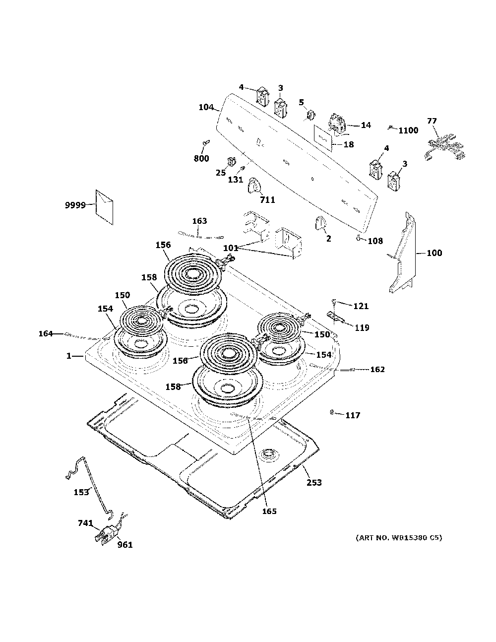 Control panel & cooktop Diagram and Parts List for JBS160DM3CC  General Electric Range