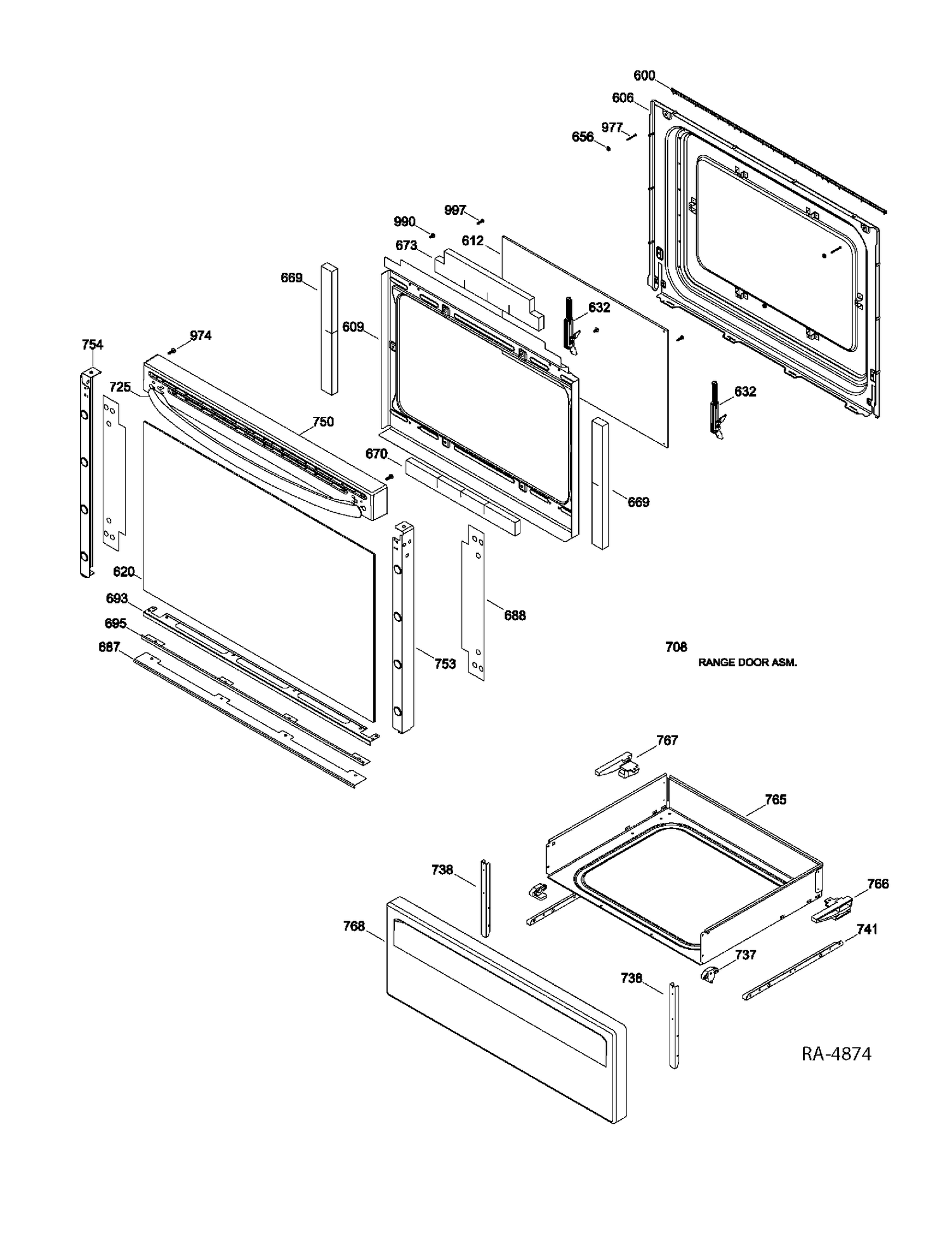 DOOR & DRAWER PARTS Diagram and Parts List for JCBS650ST1WW  General Electric Range