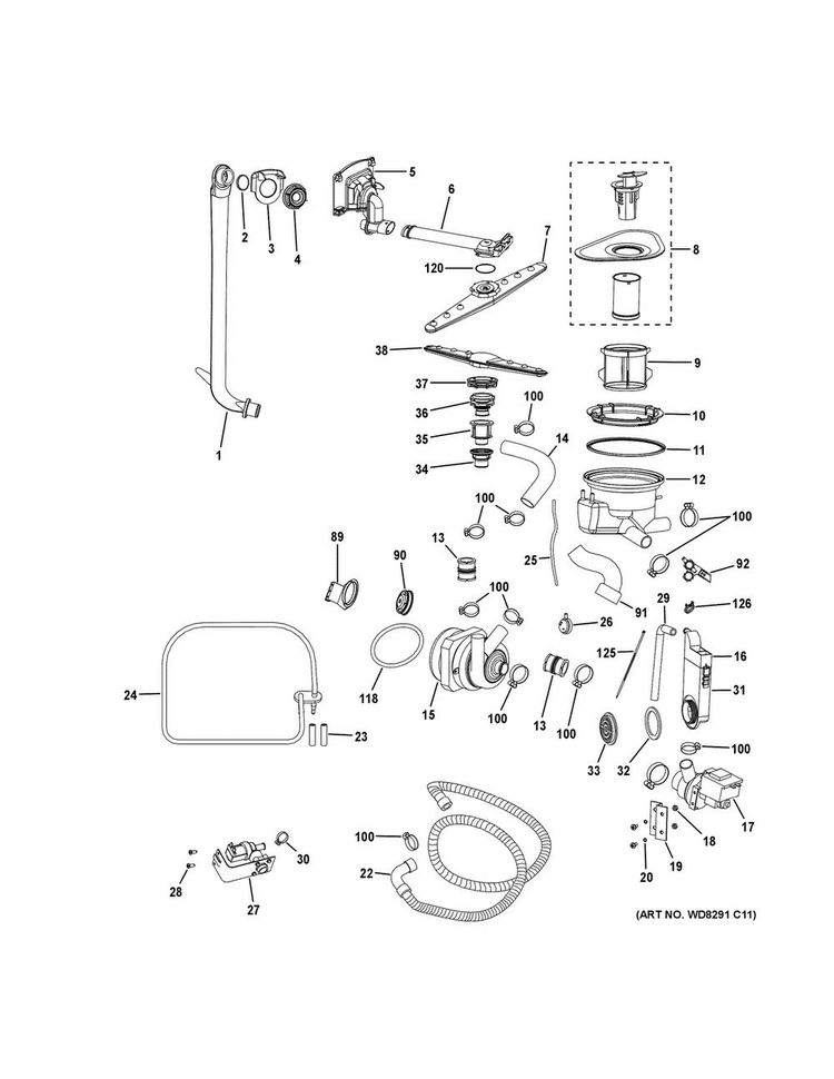 Motor-pump Mechanism Diagram and Parts List for PDW1860K01SS  General Electric Dishwasher