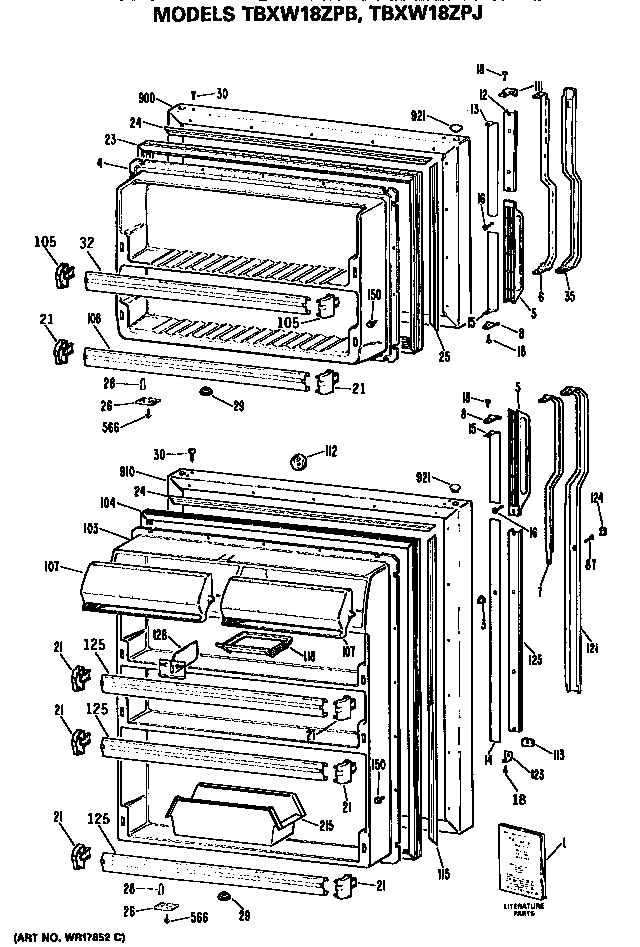 Doors Diagram and Parts List for TBXW18ZPBRWH  General Electric Refrigerator