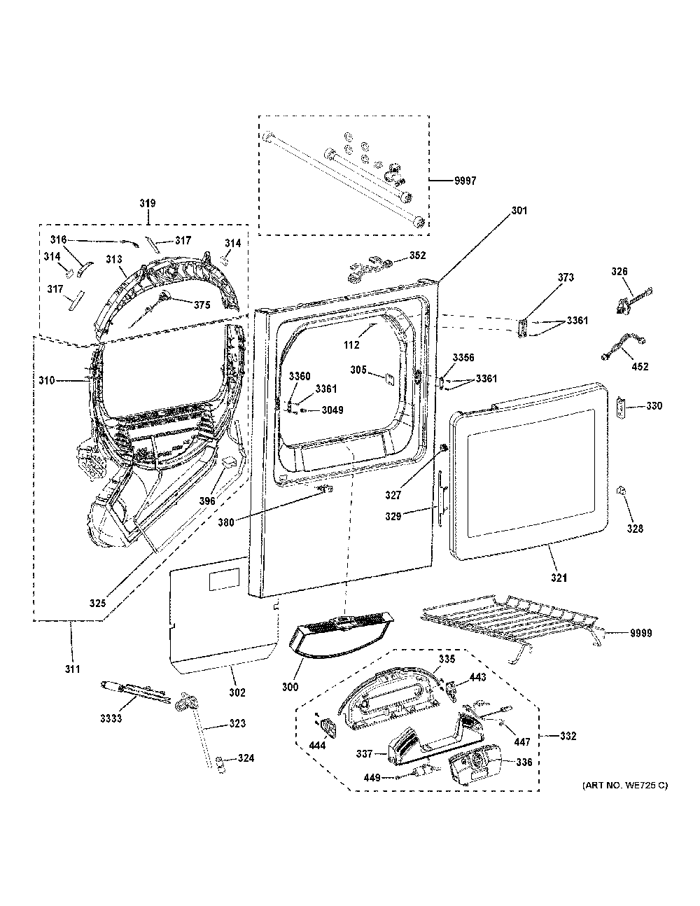Front Panel And Door Diagram and Parts List for PTD90EBPT0RS  General Electric Dryer