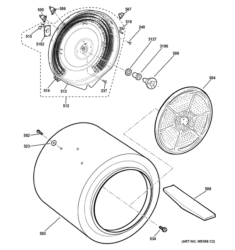 Drum Diagram and Parts List for GTDS560EF5WS  General Electric Dryer