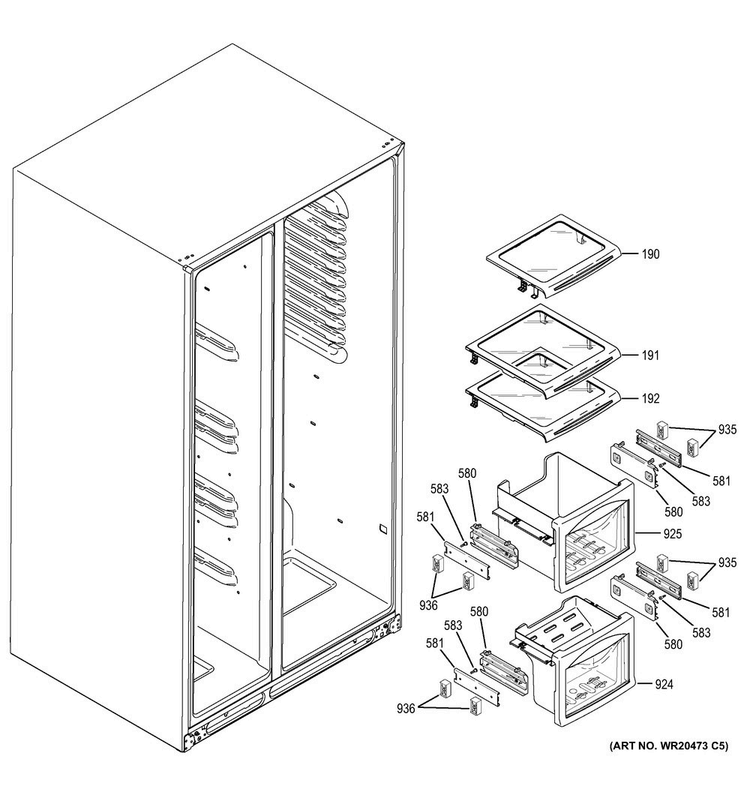 Freezer Shelves Diagram and Parts List for CZS22MSKBHSS  General Electric Refrigerator