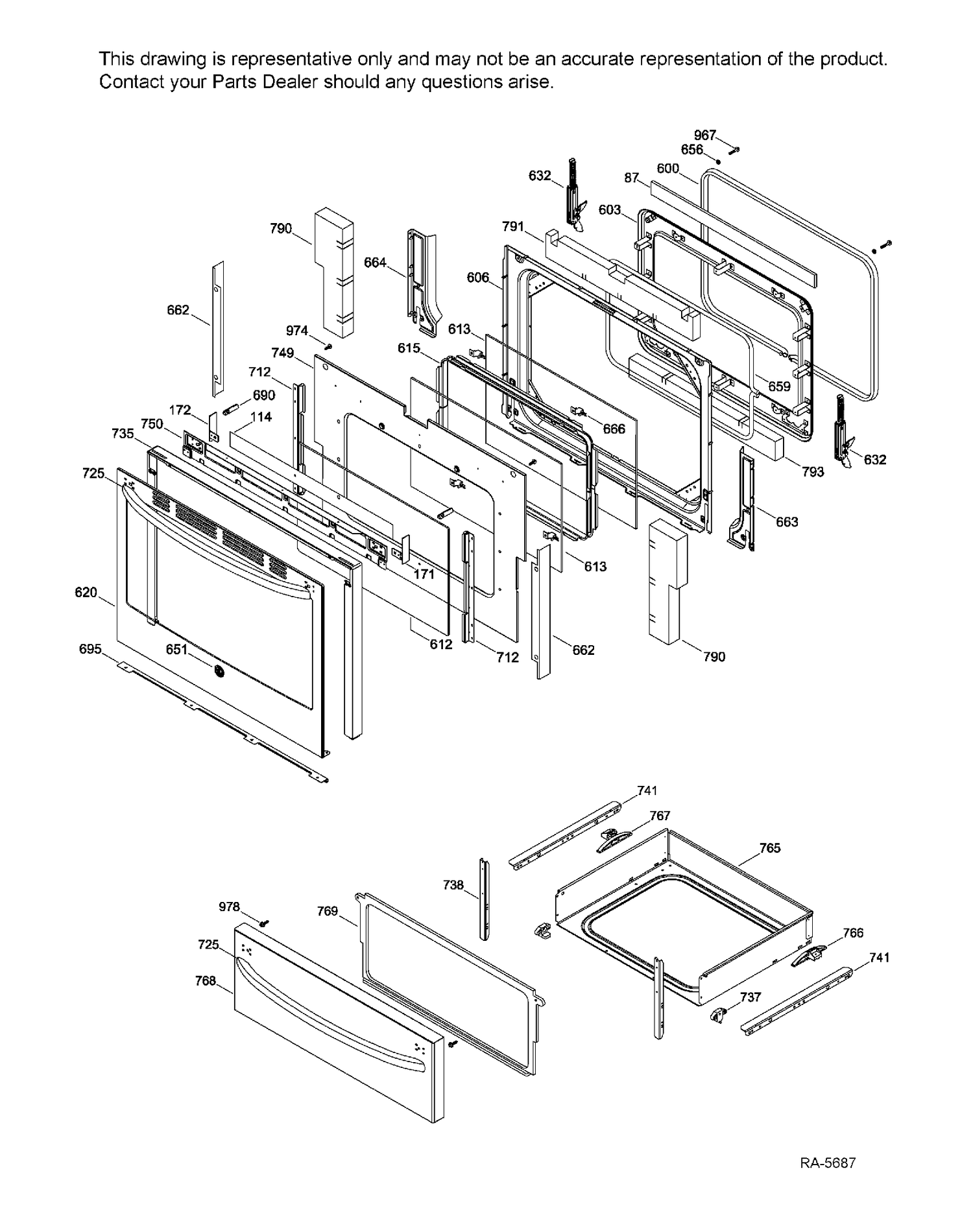 DOOR & DRAWER Diagram and Parts List for JCB630EF1ES  General Electric Range