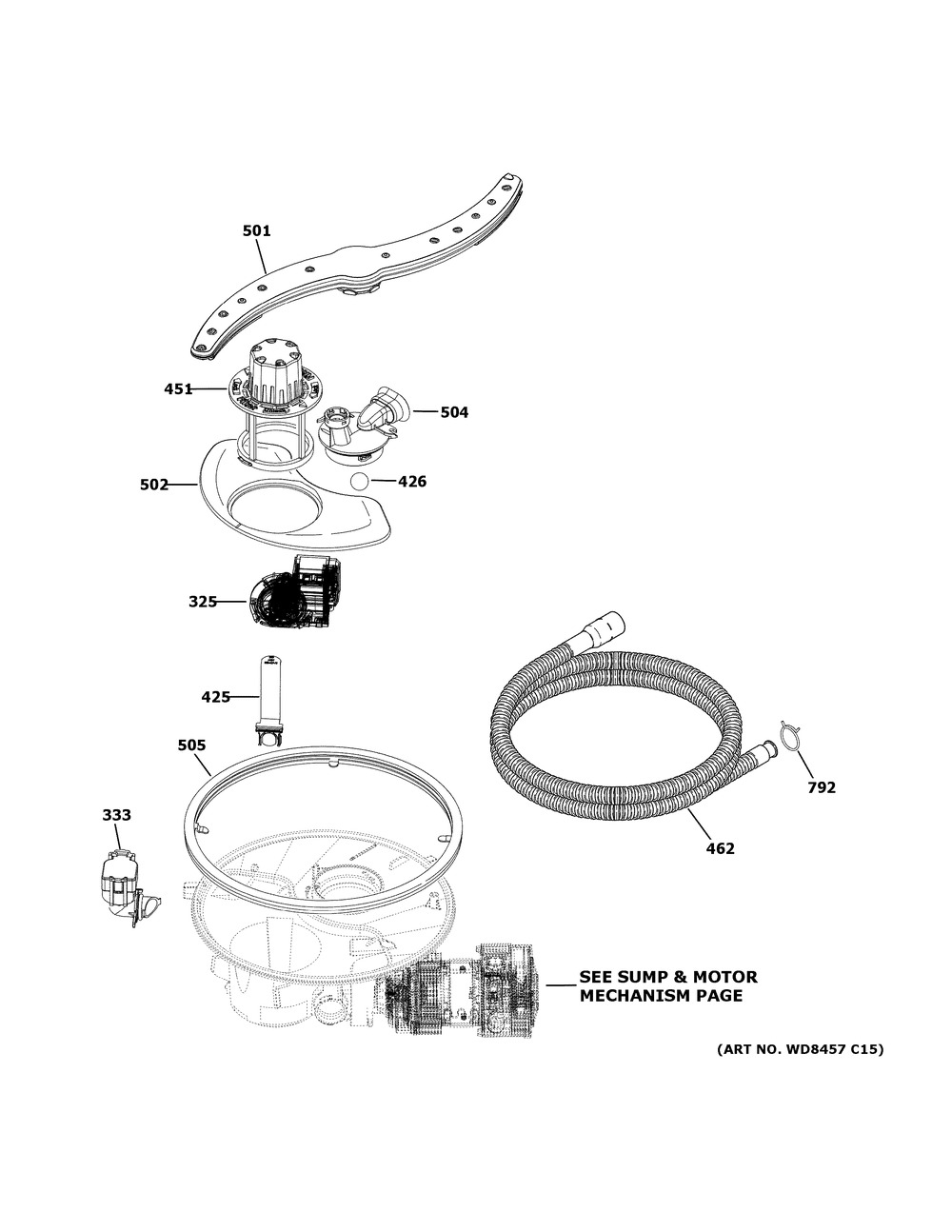 Motor, Sump & Filter Assembly Diagram and Parts List for GDF645SGN0BB  General Electric Dishwasher