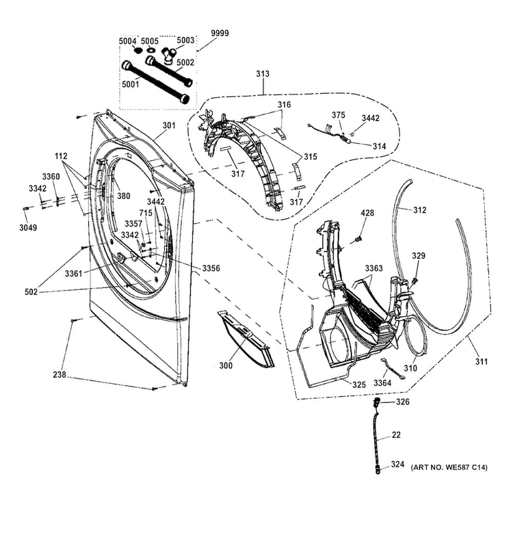 Front Panel Diagram and Parts List for GFD45GSPK0DG  General Electric Dryer