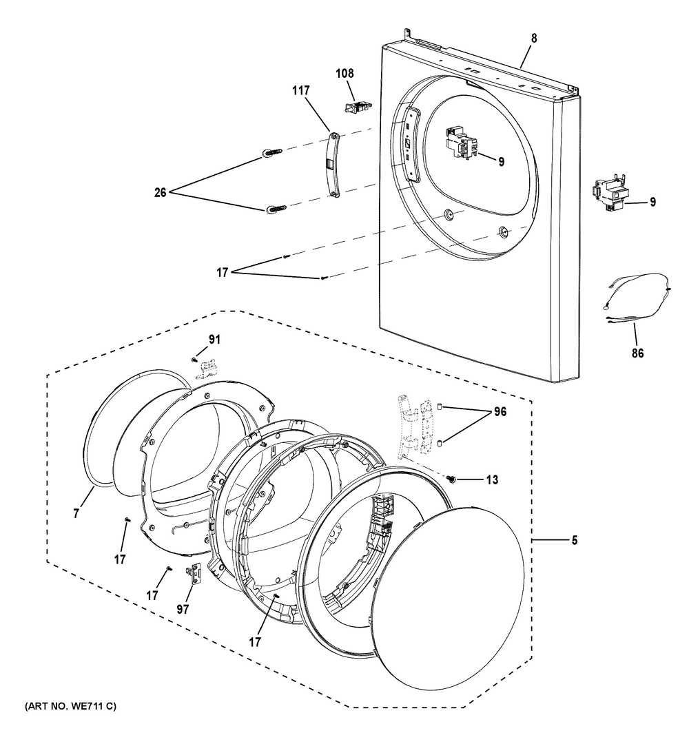 Front Panel And Door Diagram and Parts List for GFD14ESSN3WW  General Electric Dryer