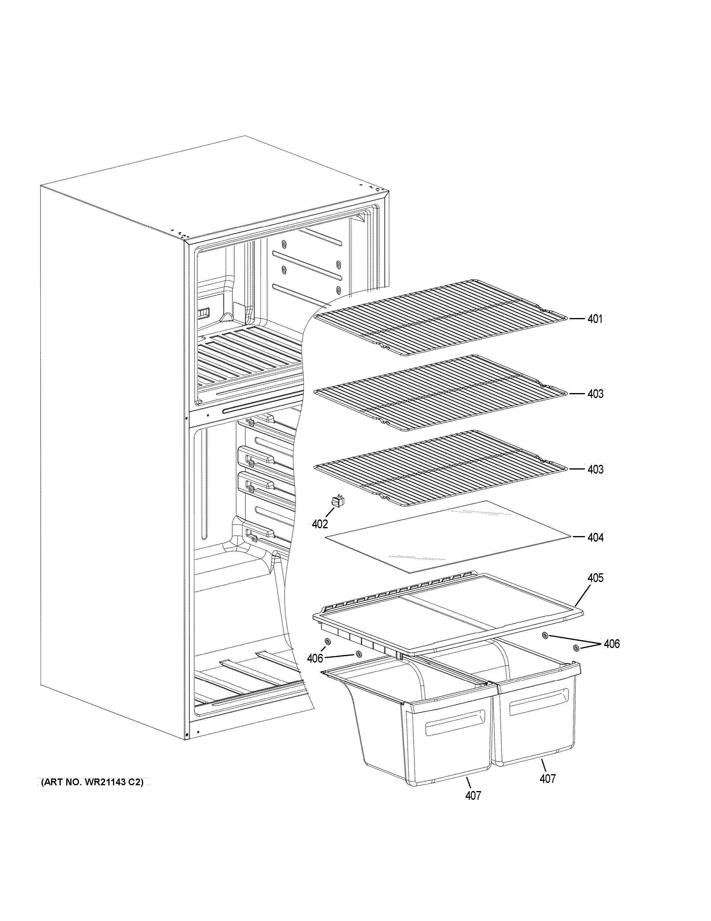 SHELVES DRAWERS Diagram and Parts List for HRT18RCWB0  General Electric Refrigerator