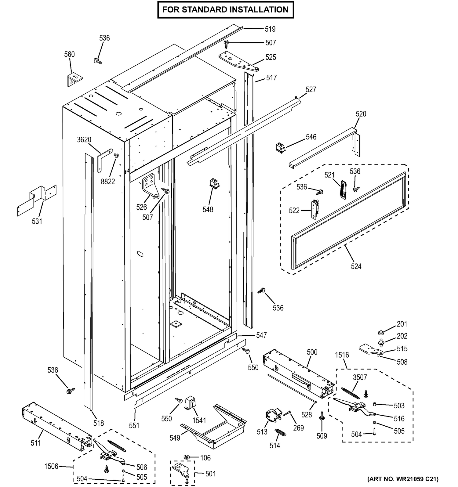 CASE PARTS - STANDARD Diagram and Parts List for ZISB360DHC  General Electric Refrigerator