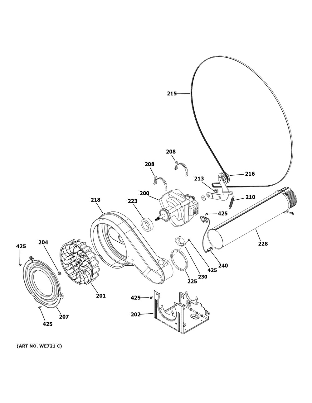 Blower And Motor Diagram and Parts List for GFD55ESPR2RS  General Electric Dryer