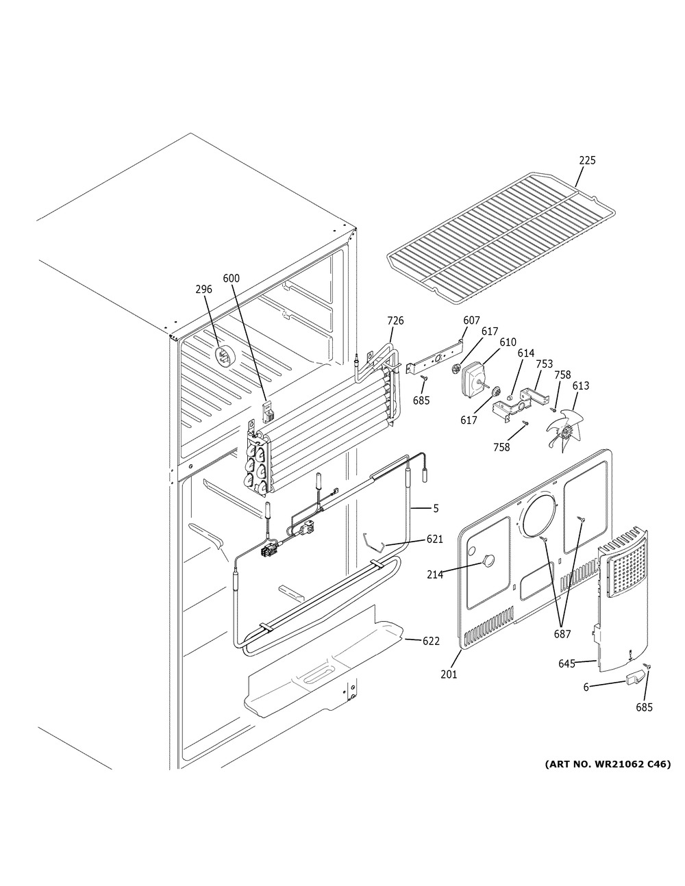 Freezer Section Diagram and Parts List for GTE16DTHPRWW  General Electric Refrigerator