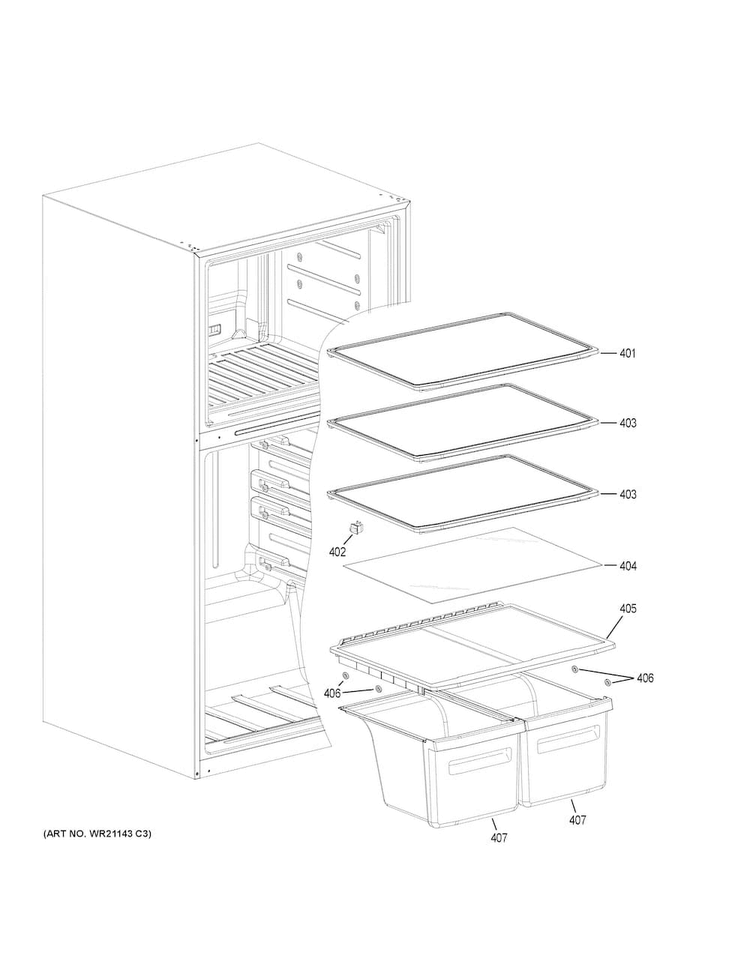 Shelves & Drawers Diagram and Parts List for GTS21FGKBWW  General Electric Refrigerator