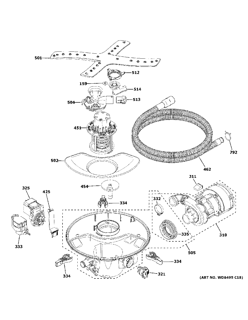 Motor, sump & filter assembly Diagram and Parts List for CDT805P2N2S1  General Electric Dishwasher