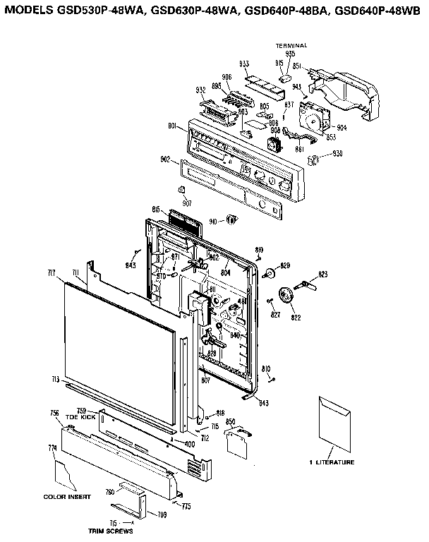 Door And Console Diagram and Parts List for GSD640P-48WB  General Electric Dishwasher