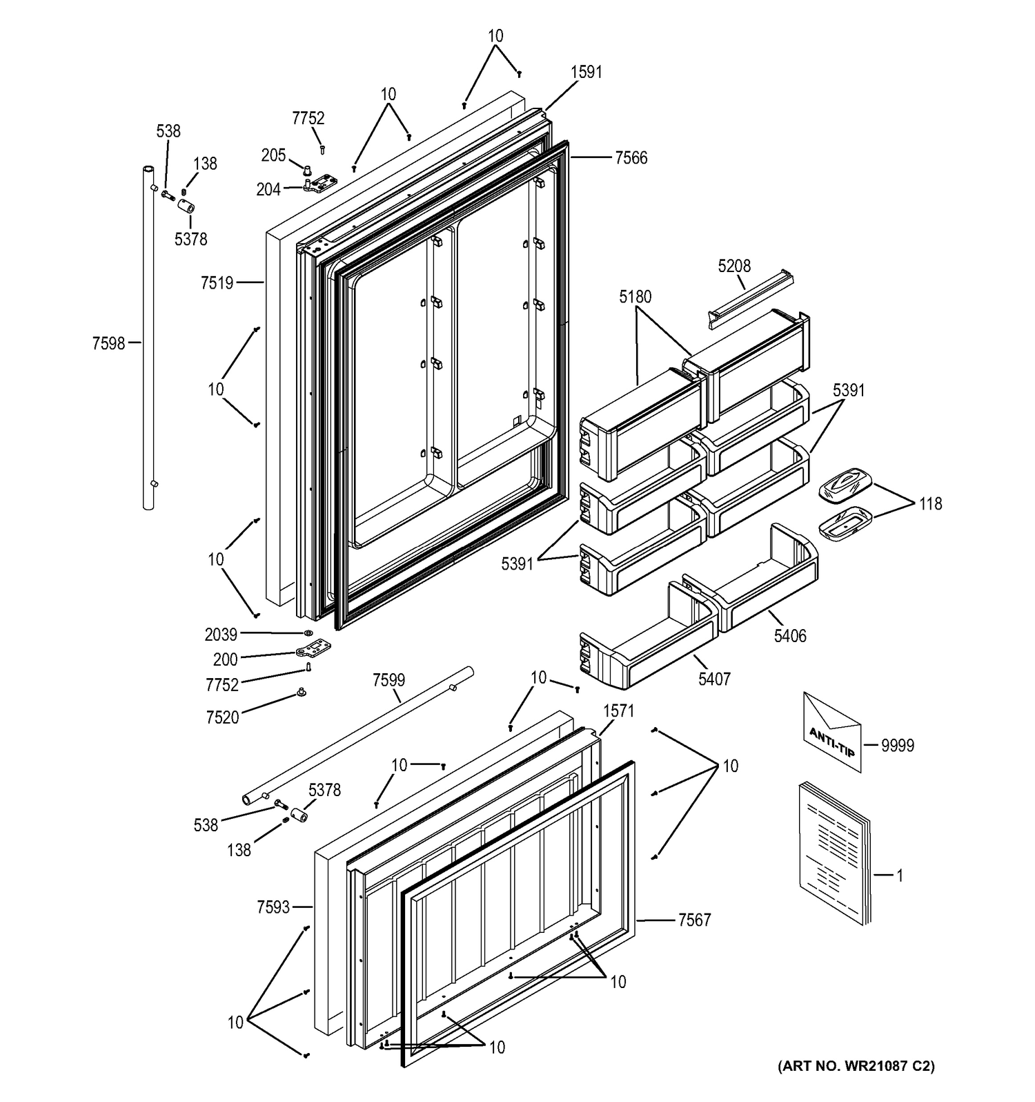 DOORS Diagram and Parts List for ZICS360NHBRH  General Electric Refrigerator