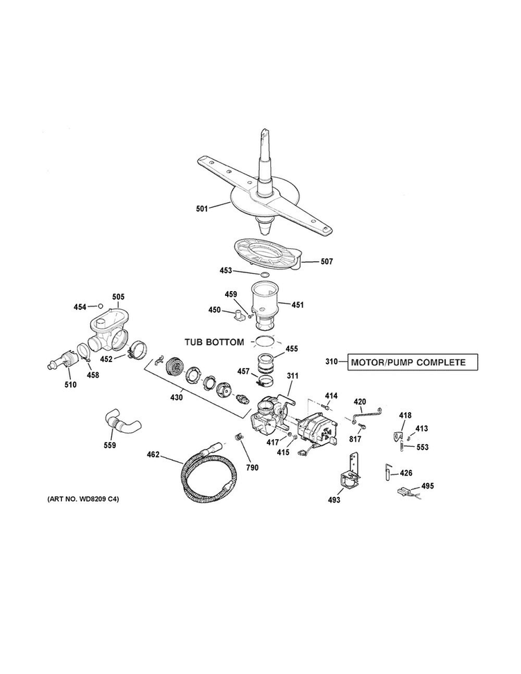 Motor-pump Mechanism Diagram and Parts List for GSM2200V45BB  General Electric Dishwasher