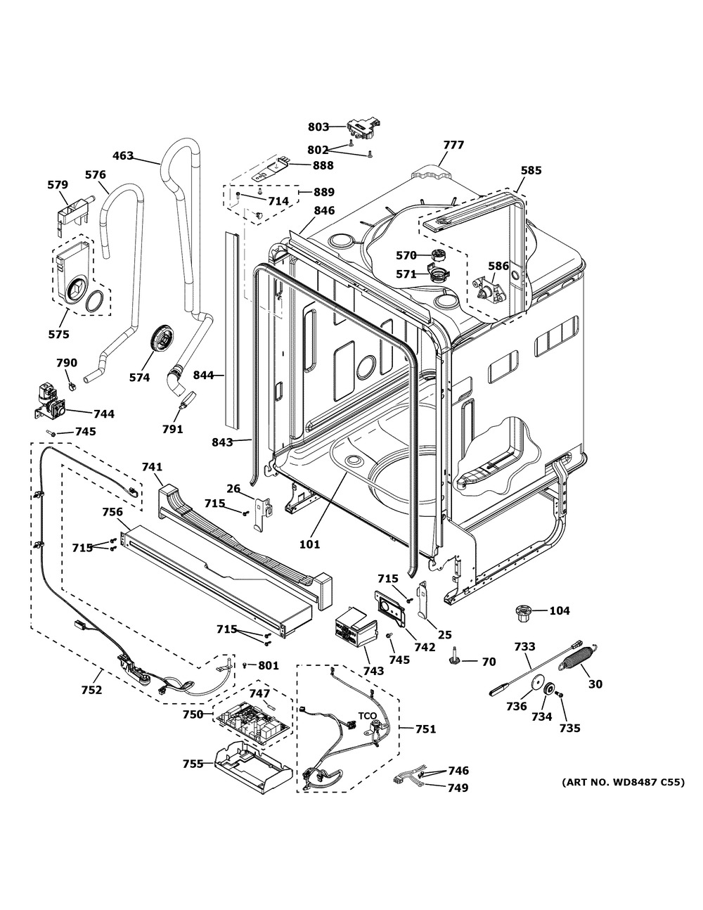 Body Parts Diagram and Parts List for GDT645SSN0SS  General Electric Dishwasher