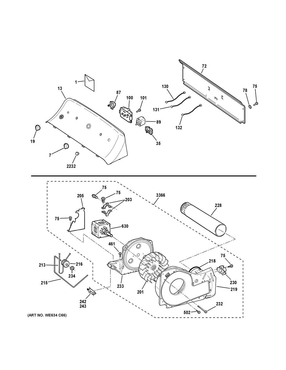 Backsplash, Blower And Motor Assembly Diagram and Parts List for GTD33EASK1WW  General Electric Dryer