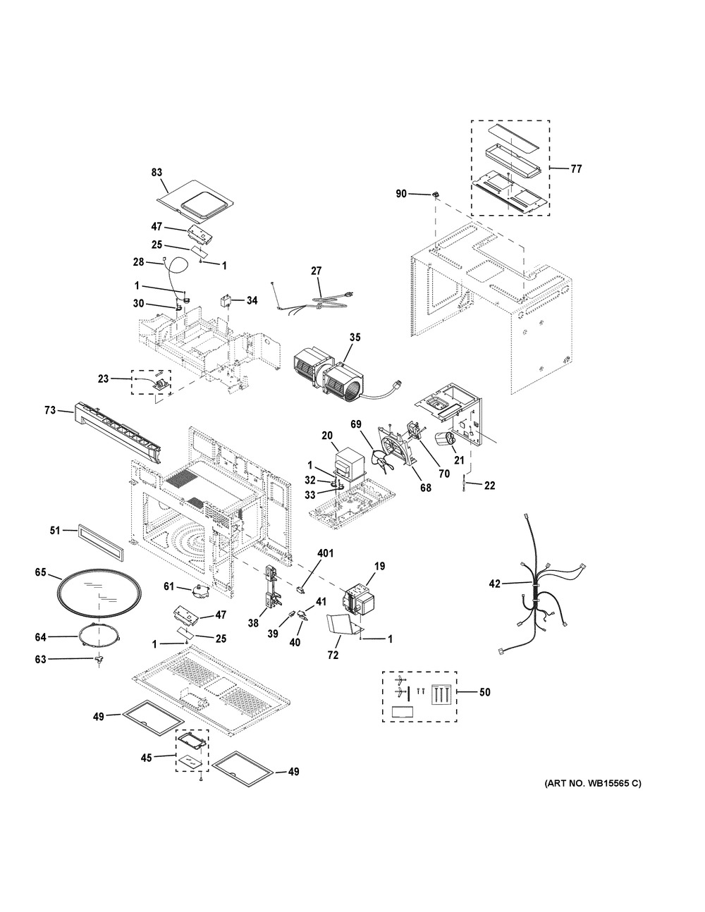 Oven Cavity Parts Diagram and Parts List for HMV1472BHS  General Electric Microwave
