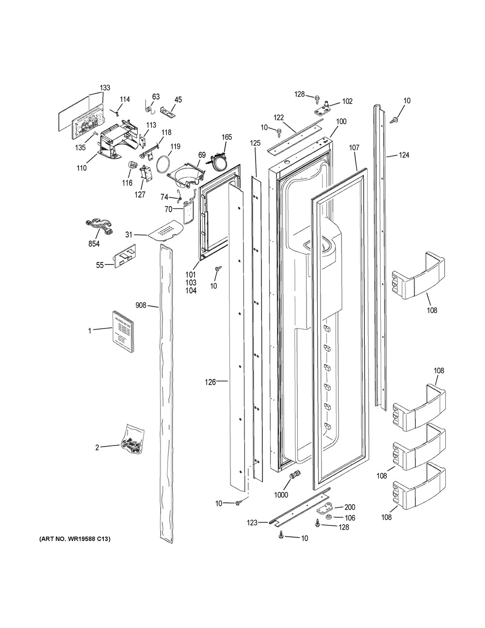 Freezer Door Diagram and Parts List for ZISB360DKC  General Electric Refrigerator