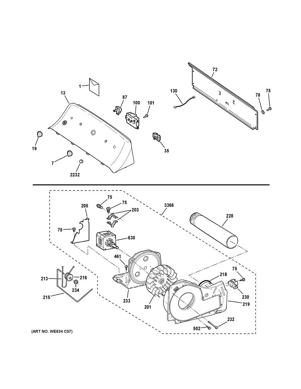 Backsplash, Blower And Motor Assembly Diagram and Parts List for GTX22EASK1WW  General Electric Dryer