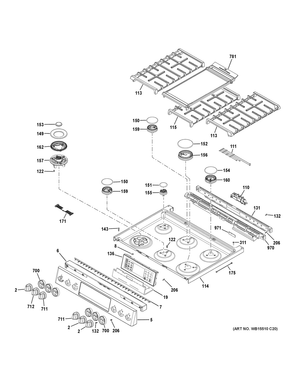 Control Panel & Cooktop Diagram and Parts List for CGS986EEL2DS  General Electric Range