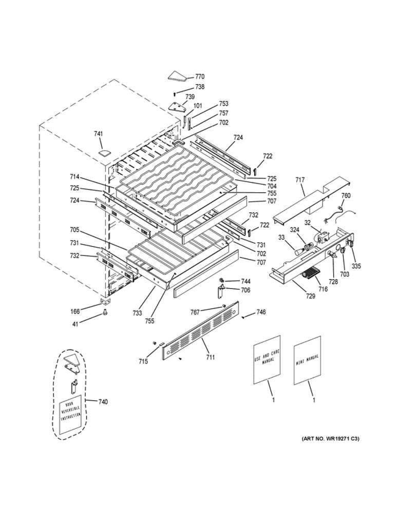 Cabinet And Shelves Diagram and Parts List for PCR06WATDSS  General Electric Wine and Beverage Cooler