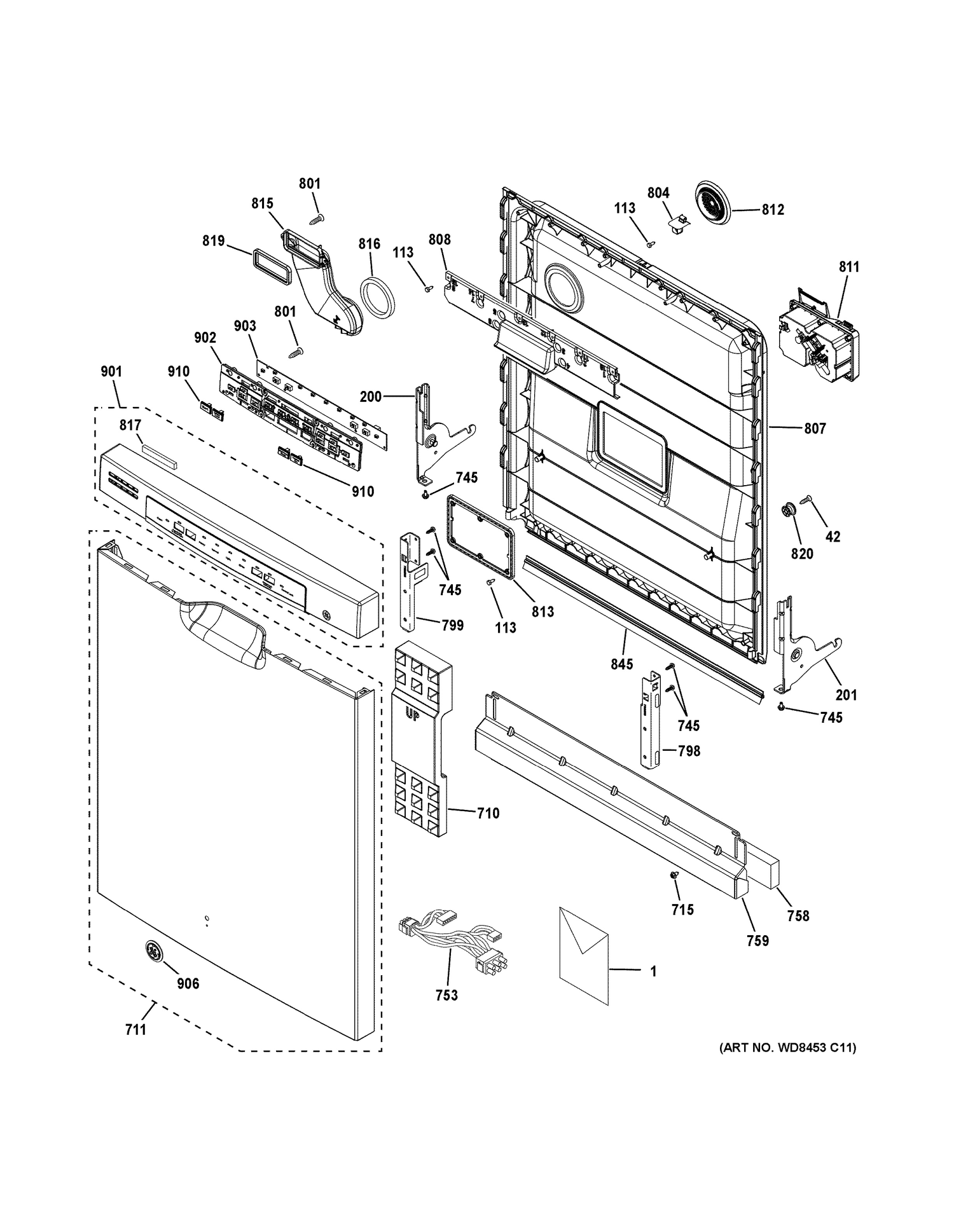 ESCUTCHEON & DOOR ASSEMBLY Diagram and Parts List for GDF520PGJ4CC  General Electric Dishwasher