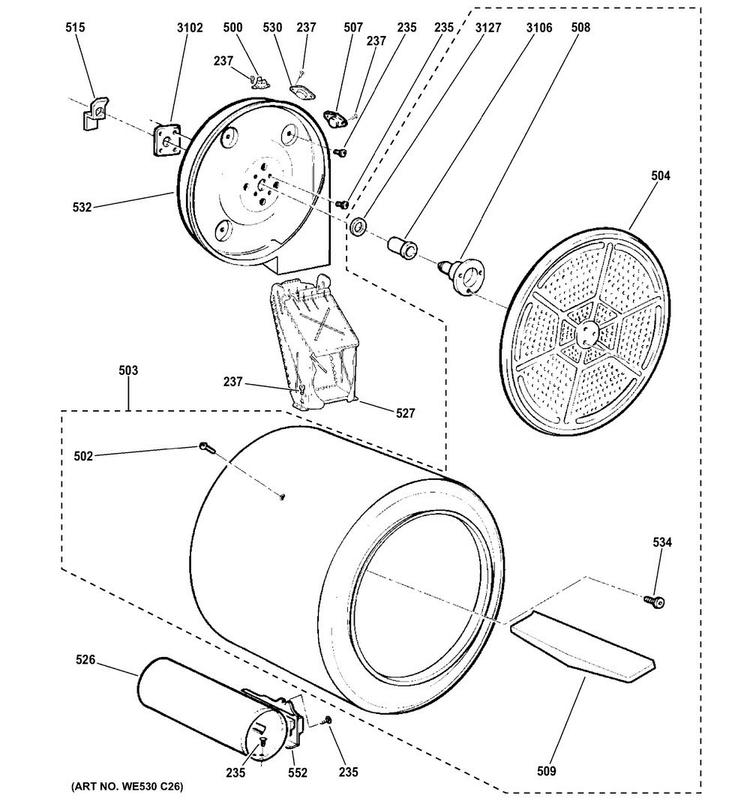 Drum Diagram and Parts List for HTX24GASK0WW  Hotpoint Dryer