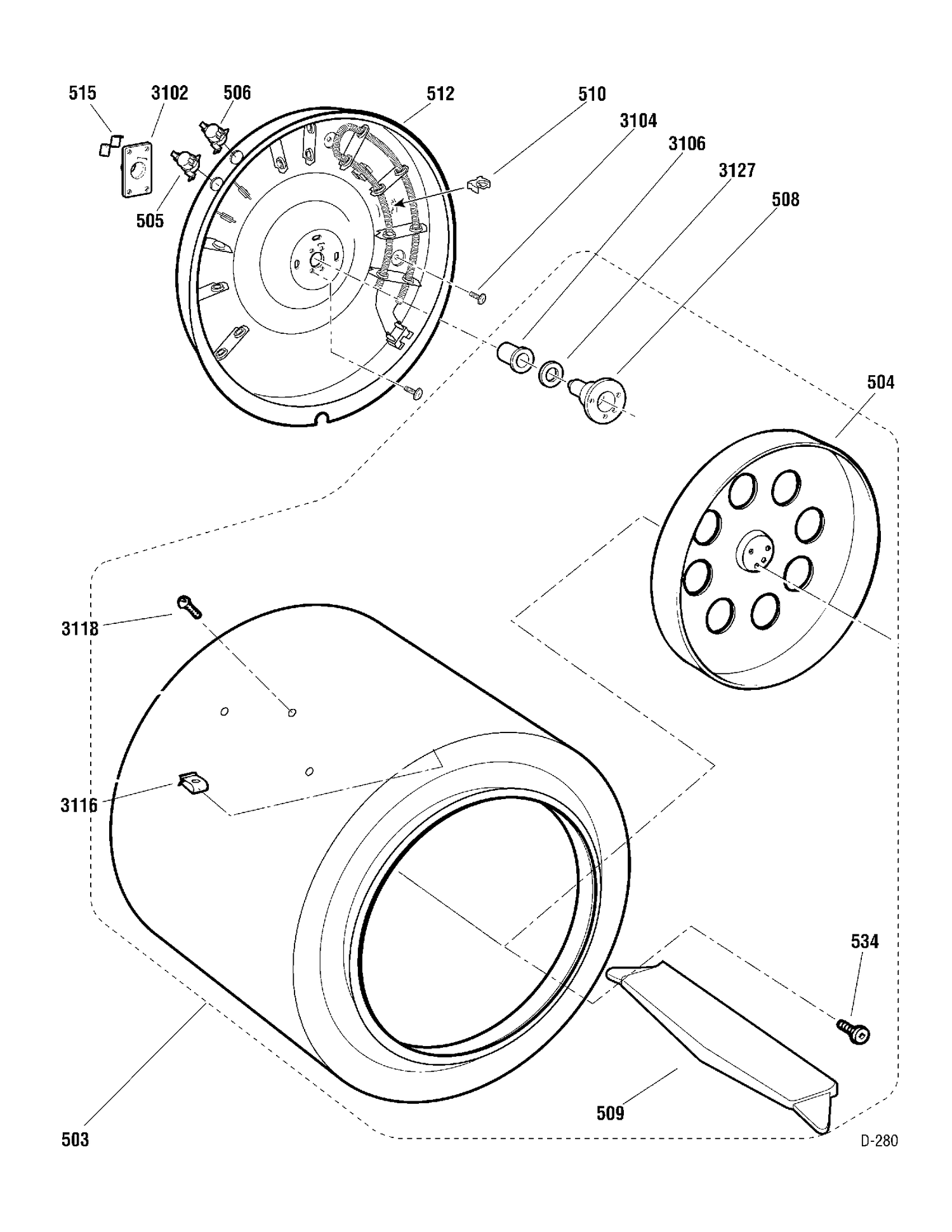 DRUM & HEATER Diagram and Parts List for PSKP333EB0WW  General Electric Dryer
