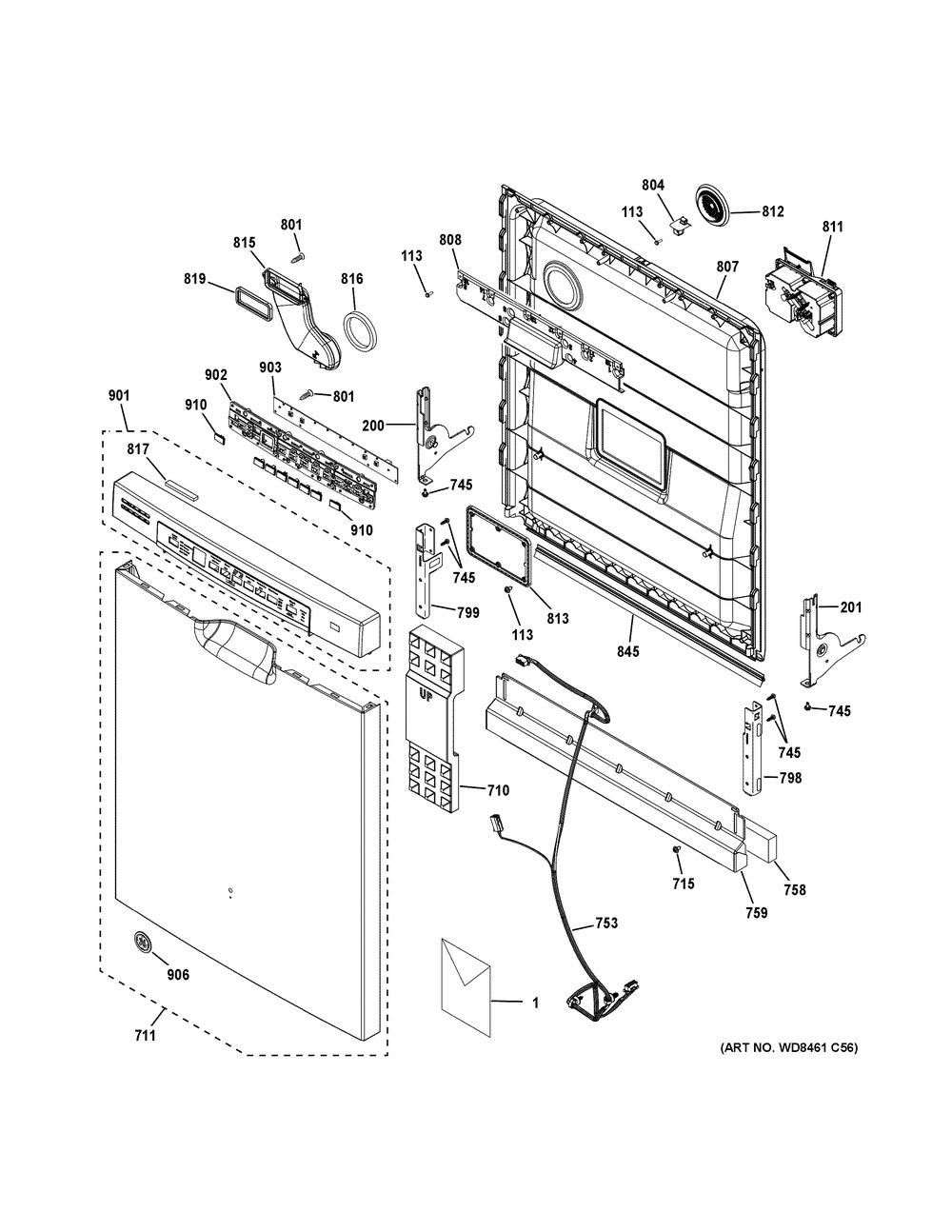 Escutcheon & Door Assembly Diagram and Parts List for GDF630PSM1SS  General Electric Dishwasher