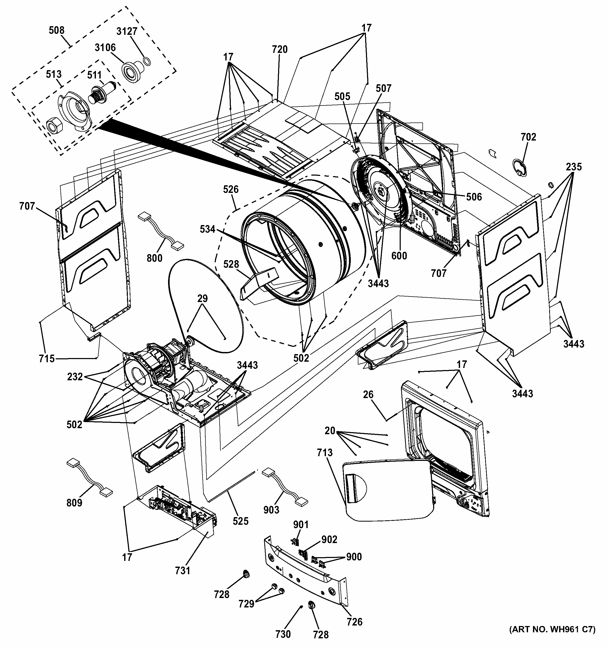 Cabinet 1 Diagram and Parts List for 2661532513  Kenmore Washer Dryer Combo