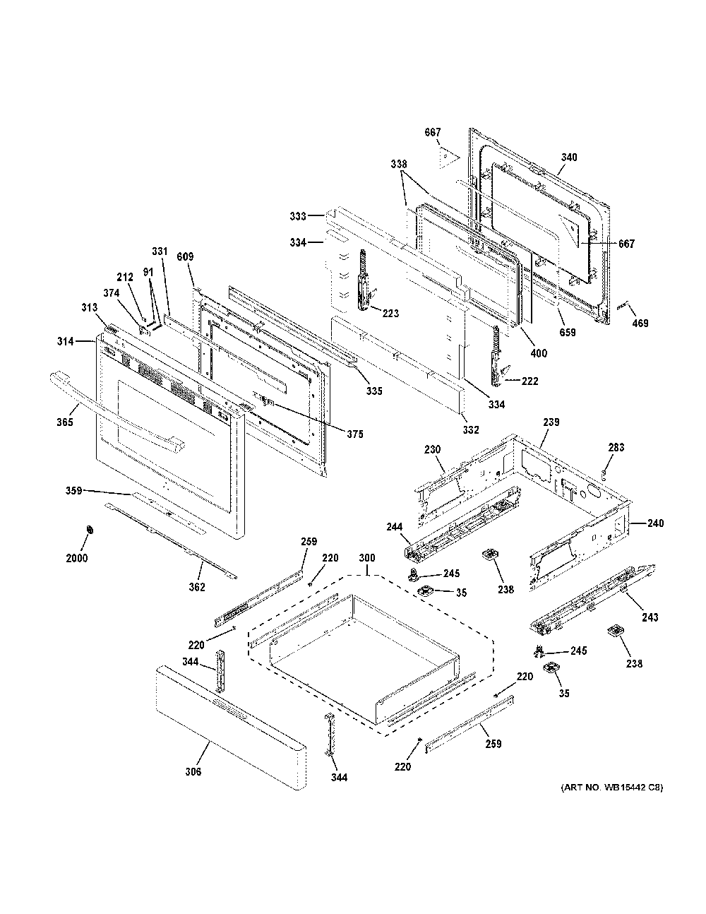 Door & drawer parts Diagram and Parts List for PGB911FEJ2DS  General Electric Range