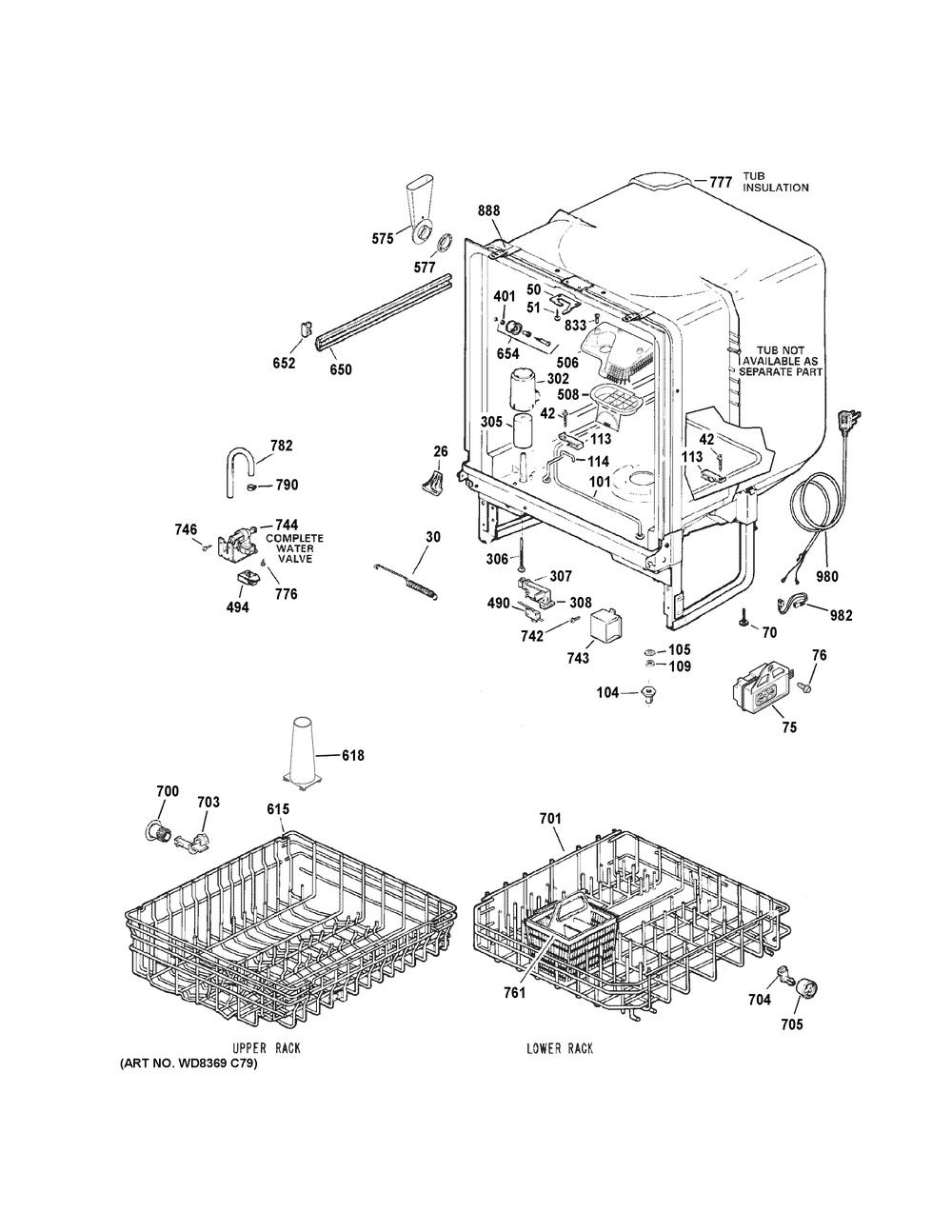 Body Parts Diagram and Parts List for GSD3301K55WW  General Electric Dishwasher