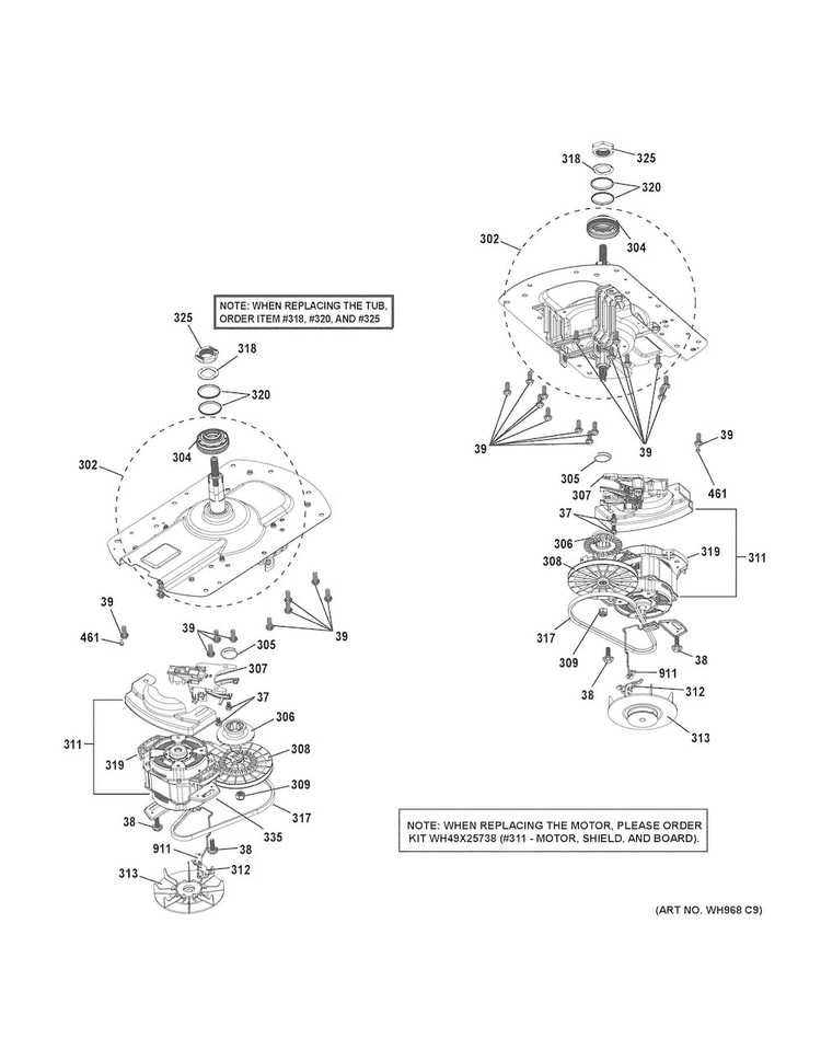 Motor & Drive Assembly Diagram and Parts List for GUD27ESSJ1WW  General Electric Washer Dryer Combo