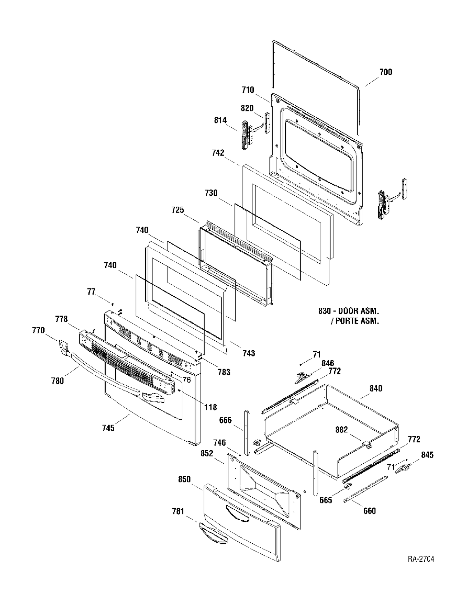 DOOR & DRAWER Diagram and Parts List for JCAS745M1WW  General Electric Range